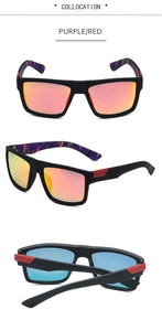 Detail view of polarized sports sunglasses with purple camouflage temples and tinted lenses