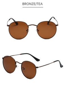 Front and 45-degree angle view of bronze metal round sunglasses with tea polarized lenses
