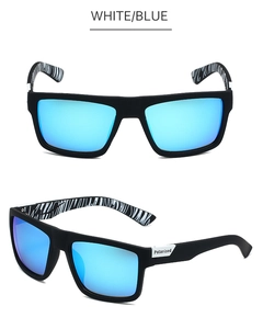 Close-up of black matte polarized sunglasses with blue lenses and zebra print inner temples