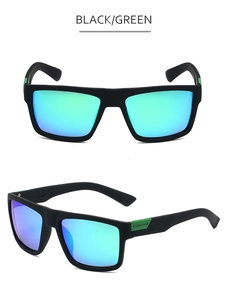 Front and side view of black matte polarized sunglasses with green accents and blue lenses