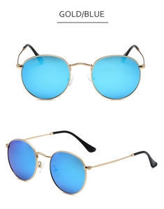 Detail view of round gold metal sunglasses with blue polarized lenses from two angles