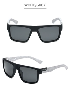 Close-up of polarized sunglasses featuring grey woven texture on the temples and black frames