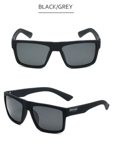 Detail of matte black polarized sunglasses with grey lenses and side logo text