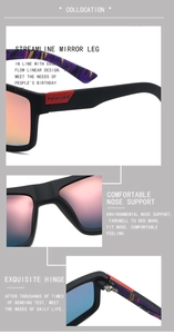 Detail of polarized lenses and purple textured arms on sports cycling sunglasses