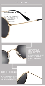 Detail of round sunglasses with gold metal frames, silicone nose pads, and sleek temples