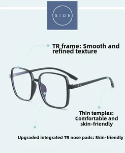 Detail view of TR90 square glasses frame with integrated nose pads and slim temple tips