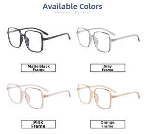 Detailed grid view of square TR90 eyeglass frames in black, grey, pink, and orange options