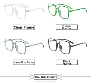 Detailed grid view of square TR90 eyeglass frames in clear, green, blue, and black colors
