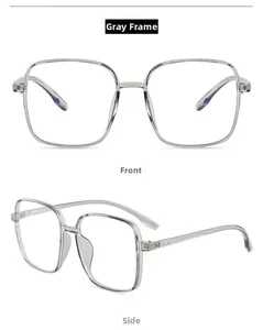 Detailed front and side view of square TR90 grey eyeglass frames with blue light blocking