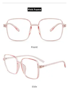 Detailed front and side views of transparent pink TR90 square anti-blue light glasses frames