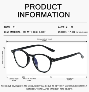 Detailed size chart for TR90 round frame blue light blocking glasses with dimensions
