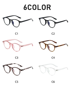 Showcase of six distinct colors and patterns for the retro round TR90 blue light glasses