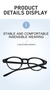 Detail view of adjustable TR90 black round glasses frame for blue light protection