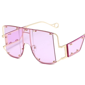 Futuristic oversized purple sunglasses with gold rivets and hollow geometric frames