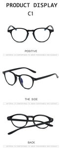 Detail view of TR90 round frame glasses in black with metallic stud accents