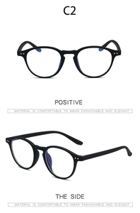 Front and side view of matte black TR90 round frame blue light blocking glasses