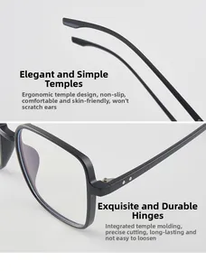 Detail of square TR90 glasses showing reinforced metal hinges and ergonomic anti-slip tips