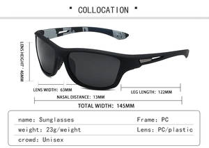 Detailmaße für polarisierte Sportsonnenbrille mit mattem schwarzen Rahmen