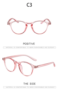 Detail view of pink transparent TR90 round frame showing positive and side perspectives
