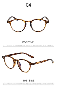 Detail view of round tortoise shell TR90 blue light blocking glasses from two angles