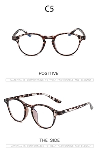 Detail view of round leopard pattern TR90 glasses frames from front and side angles