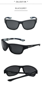Mehrfachansichten der schwarzen Sportsonnenbrille mit grauen Gläsern und Camo-Detail