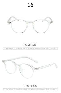 Detailed front and side view of transparent TR90 round frames with anti-blue light lenses