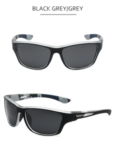 Detailansicht der Sport-Sonnenbrille in Schwarz-Grau mit Polfilter und Camouflage-Textur