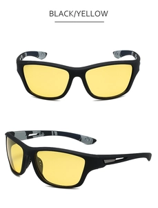 Sportliche schwarz-gelbe polarisierte Sonnenbrille mit Camouflage-Bügeln in Doppelansicht