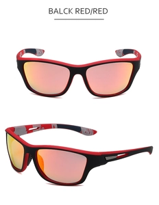 Makroansicht der schwarz-roten Sportsonnenbrille mit roten verspiegelten Gläsern im Detail