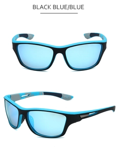 Detailansicht der Sport-Sonnenbrille mit schwarz-blauem Rahmen und blau verspiegelten Gläsern