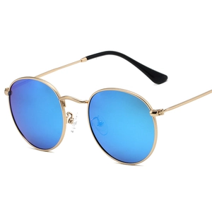 Classic round gold metal polarized sunglasses with stylish blue mirrored lenses