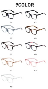 Nine variations of vintage square blue light blocking glasses in multiple colors and patterns