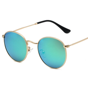 Retro round polarized sunglasses with gold metal frame and blue-green gradient lenses