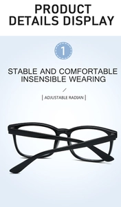 Detail view of adjustable black square glasses frame with blue light blocking lenses
