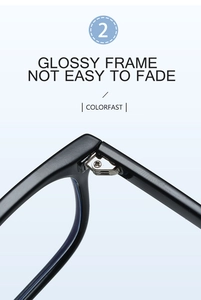 Detailed close-up of glossy black glasses frame with durable metal hinge and colorfast finish