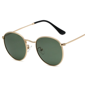 Classic round polarized sunglasses with gold metal frame and dark green lenses