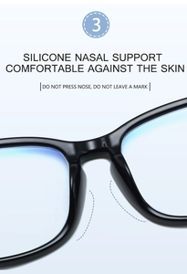Detail of soft silicone nose pads on black frames for comfortable no-mark wear