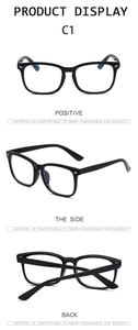 Three-view display of black rectangular full-rim glasses with anti-blue light clear lenses
