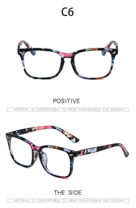 Front and side view of black floral patterned square frame glasses for women