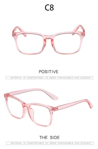 Detail view of pink transparent frame glasses with premium metal hinges and C8 color code