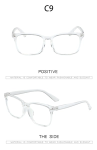 Front and side views of clear anti-blue light glasses frame model C9 in transparent finish