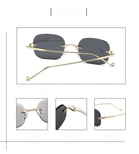 Vue détaillée de lunettes sans monture anti-lumière bleue avec charnières et plaquettes dorées
