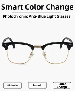 Detail of photochromic anti-blue light glasses with classic semi-rimless clubmaster frame
