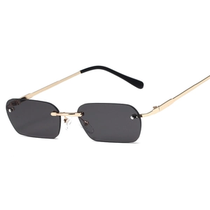 Fashionable rimless rectangular sunglasses with dark grey lenses and gold metal temples