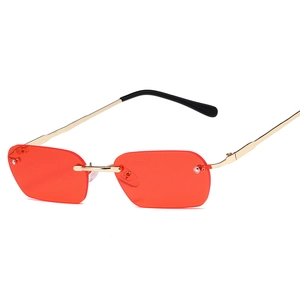 Stylish rimless rectangle sunglasses with red lenses and slim golden metal frames