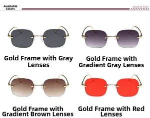 Détails de lunettes carrées sans monture avec cadre doré en gris, marron et rouge