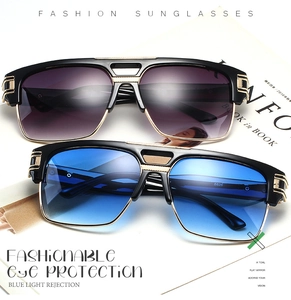 Detail of square fashion sunglasses with gradient purple and royal blue lenses