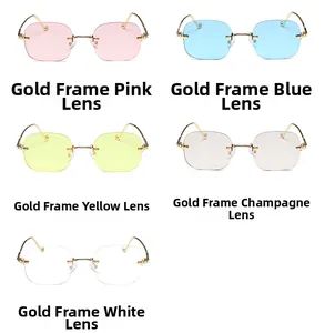 Vue détaillée de lunettes sans monture rectangulaires en rose, bleu, jaune et monture métal