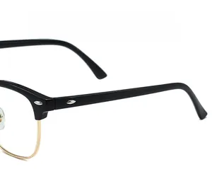 Detail of flexible temple hinge and black gold semi-rimless retro eyeglasses frame